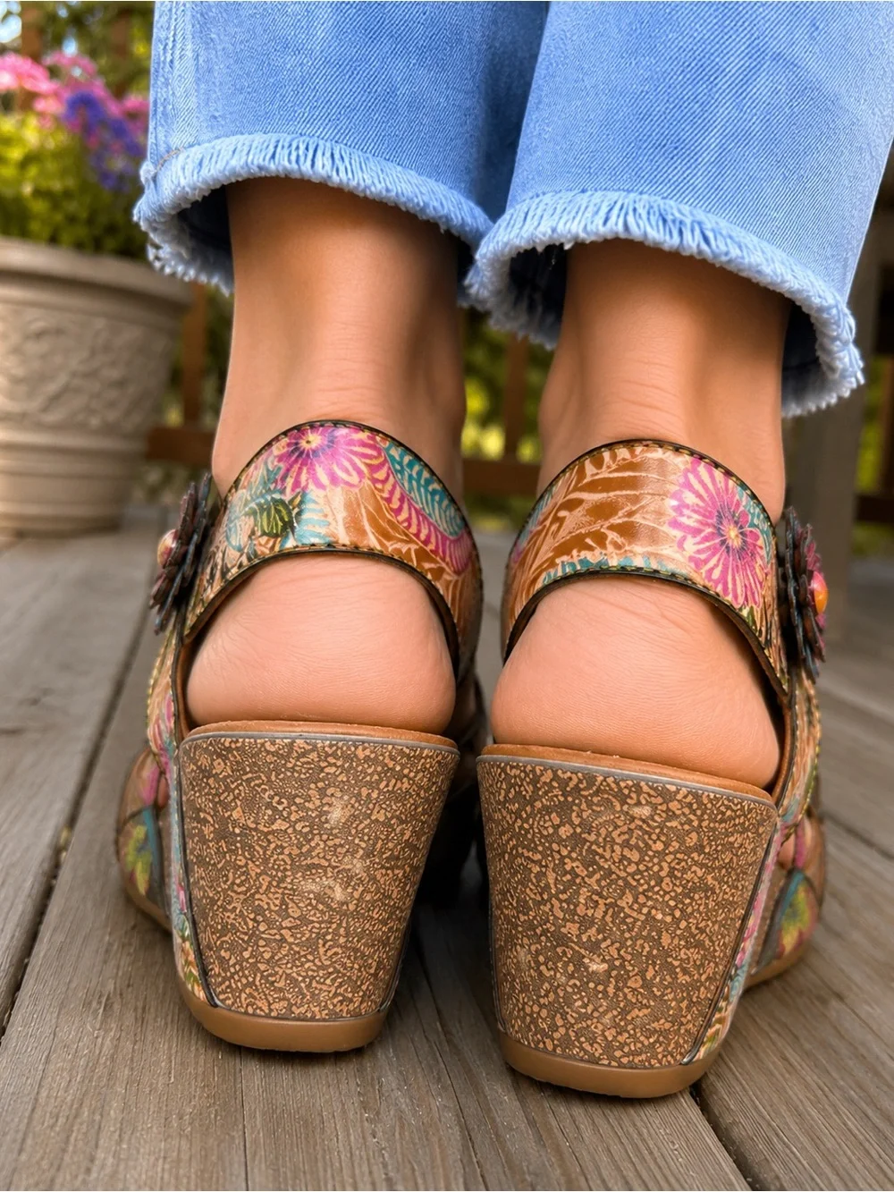 Multicolor Floral Leather Wedge Sandals for Women’s Size 40 or 9 Boho Colorful